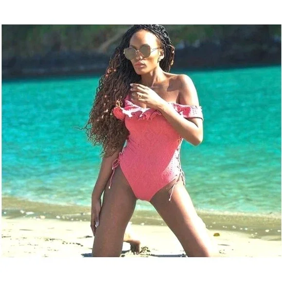 New Pink Swimsuit One Piece Lucia Ruffle Off Shoulder Side Tie Lined S-XL $170 - Picture 4 of 16
